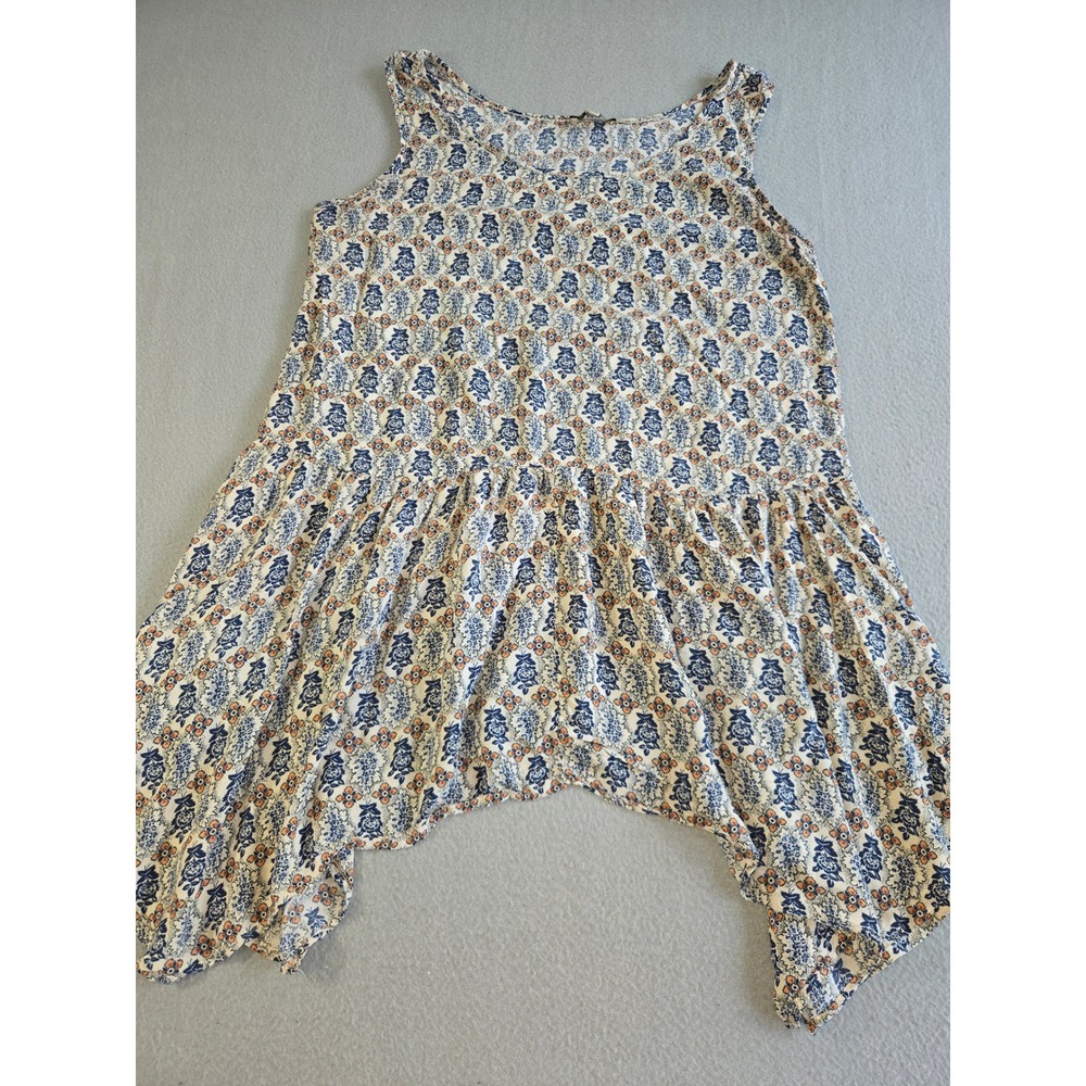 Urban Day Tunic Tank Womens Large Blue Floral Sharkbite Hem Rayon Sleeveless Top